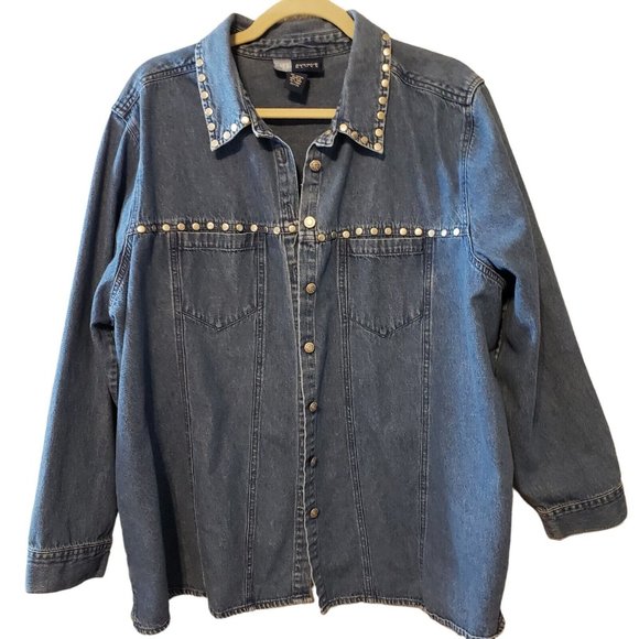 Avenue Blues Jackets & Blazers - Avenue Blues Womens Button Up Studded Denim Blue Jean Jacket Plus Size 22/24